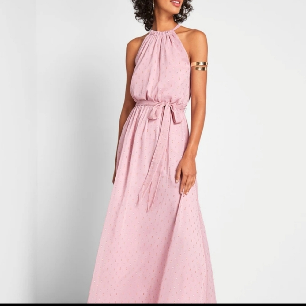 Illuminated Elegance Pink Chiffon Maxi Halter Dress Formal Gown Metallic SM